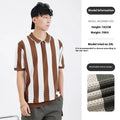 Men's black and white striped short sleeve summer sweater with zip detail on front.