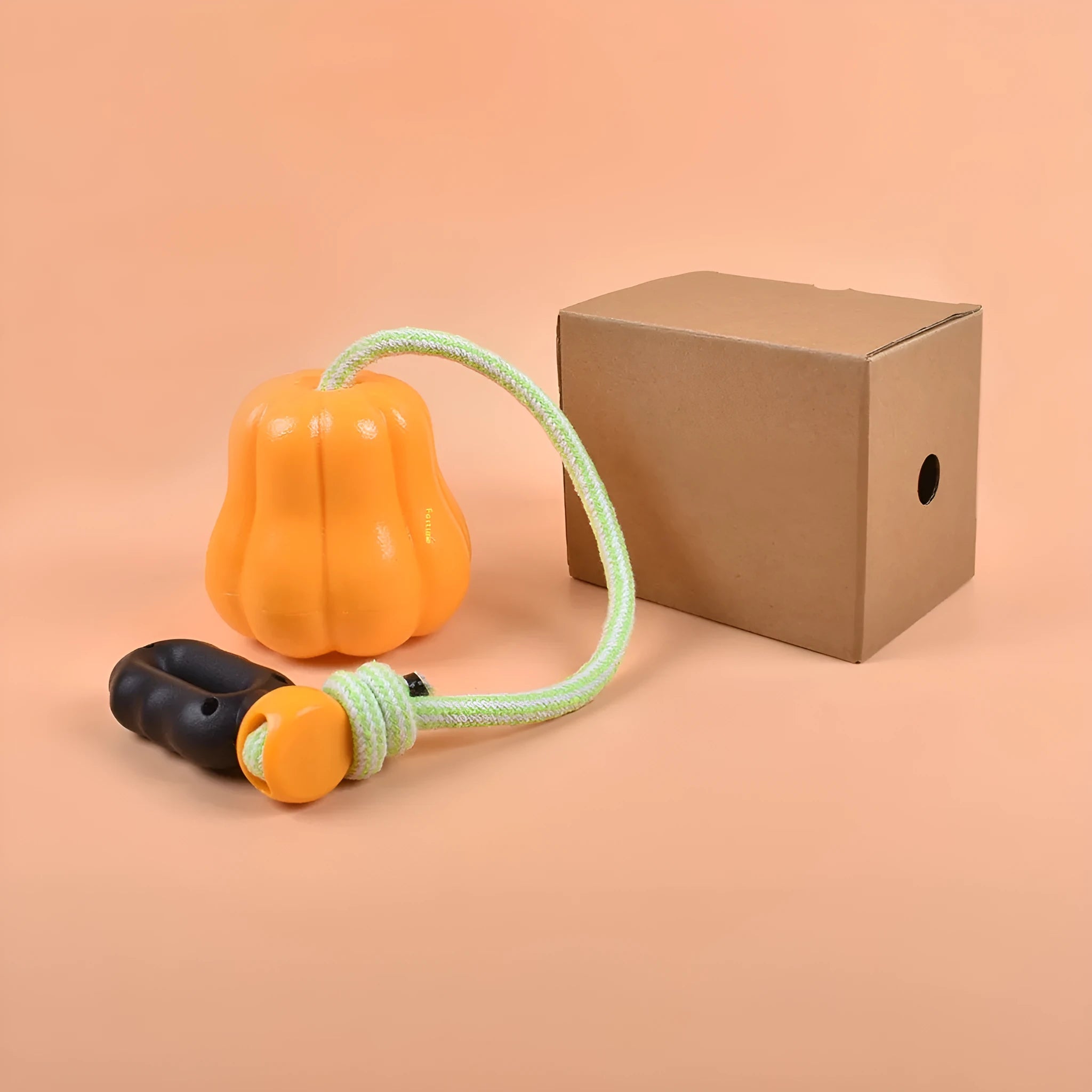 Pumpkin orange plastic dog chew toy with attached rope for tugging and fetching.
