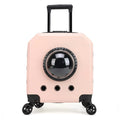 Hard-sided pink PVC pet flight case on wheels with trolley handle