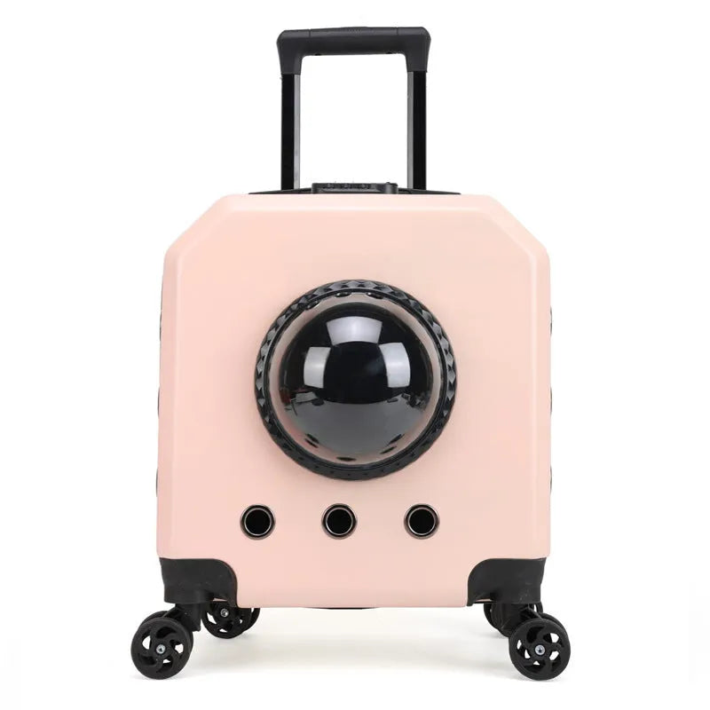 Hard-sided pink PVC pet flight case on wheels with trolley handle