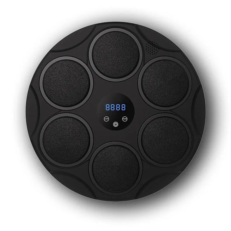 Black wall-mounted smart boxing target with coloured lights and Bluetooth for music fitness training.