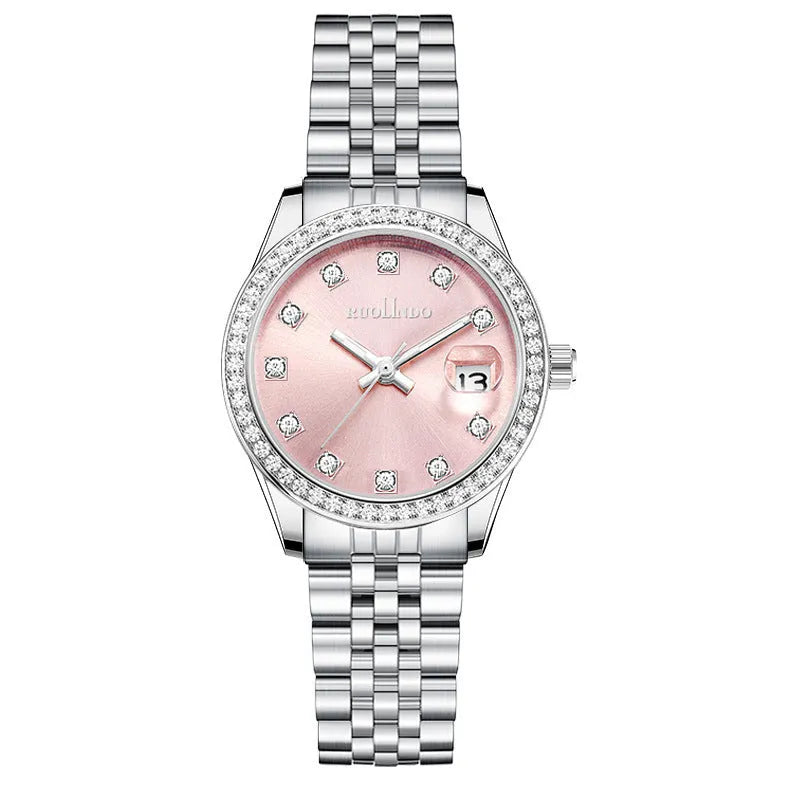 Women's silver alloy calendar watch with circular 32mm dial and stainless steel folding buckle