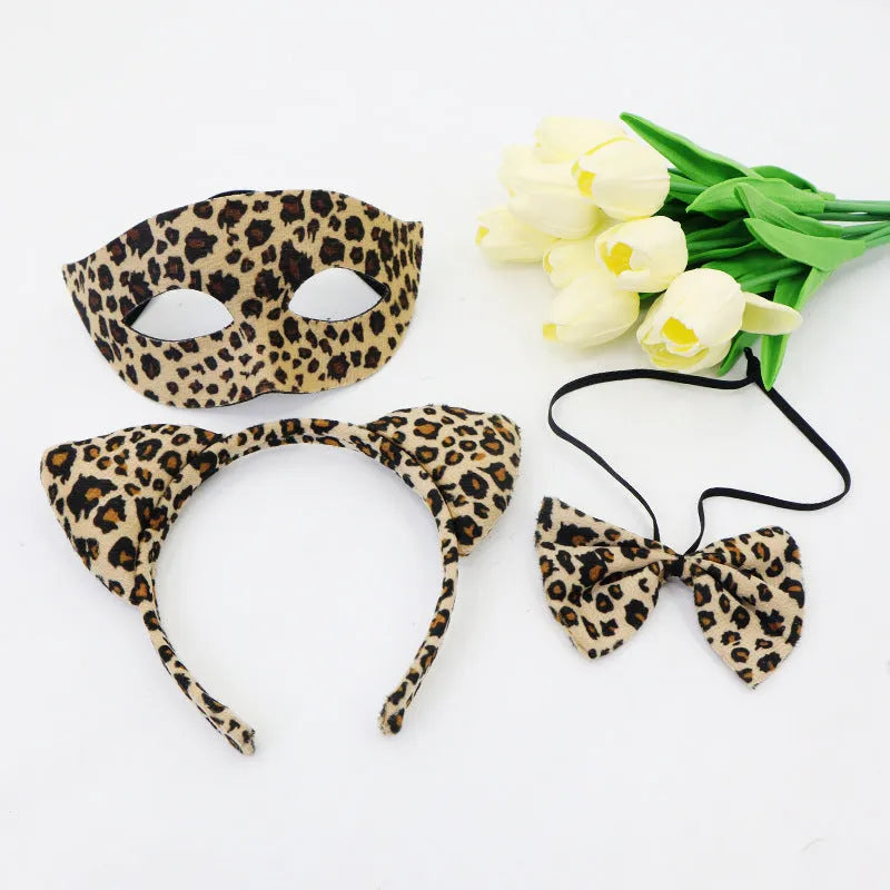 Halloween leopard print half face plastic mask and matching leopard print headband set