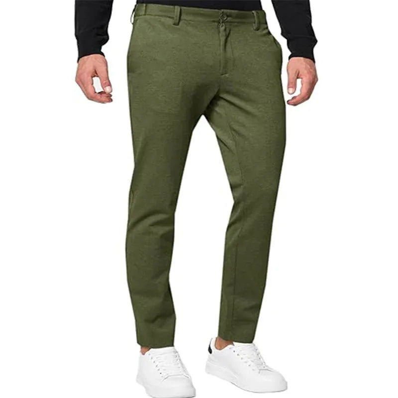 Men's slim-fit tapered chino trousers in solid colours with mid-waist and zipper fly