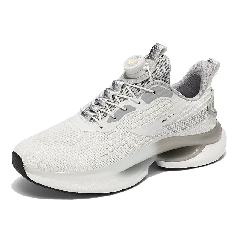 Rotating button buckle running shoes in solid colour with fly-knit mesh upper and TPU sole