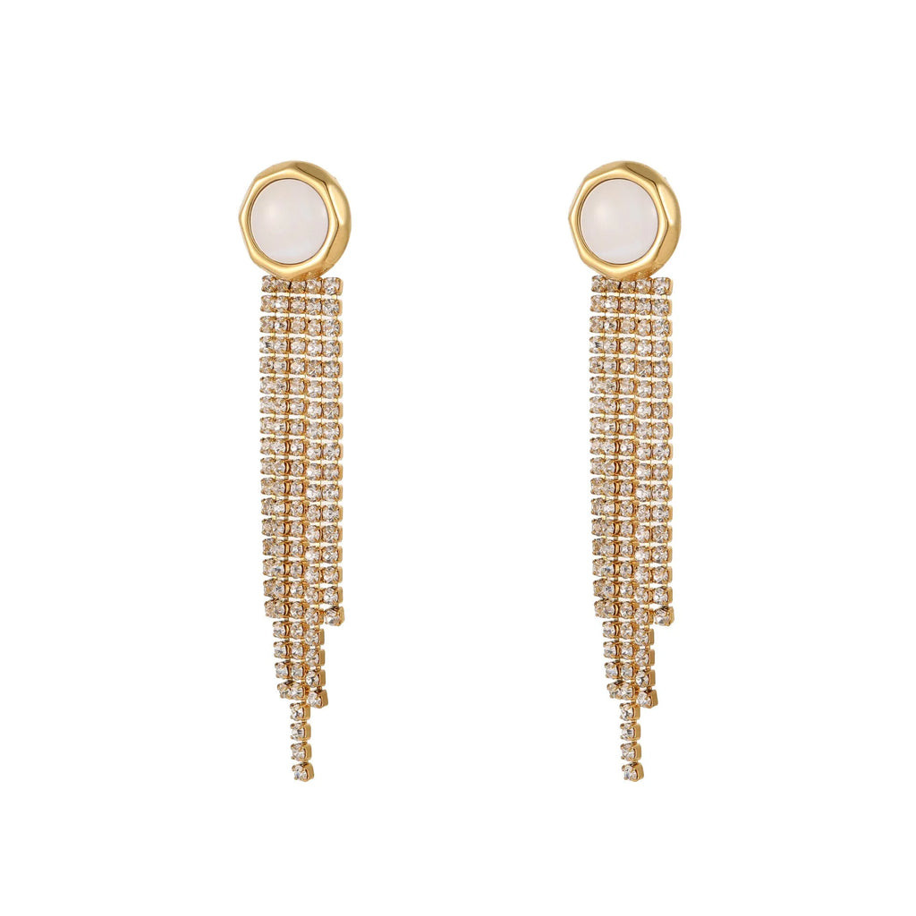 Stainless steel tassel earrings with 18K gold electroplated finish and diamond tips in heart and star shapes