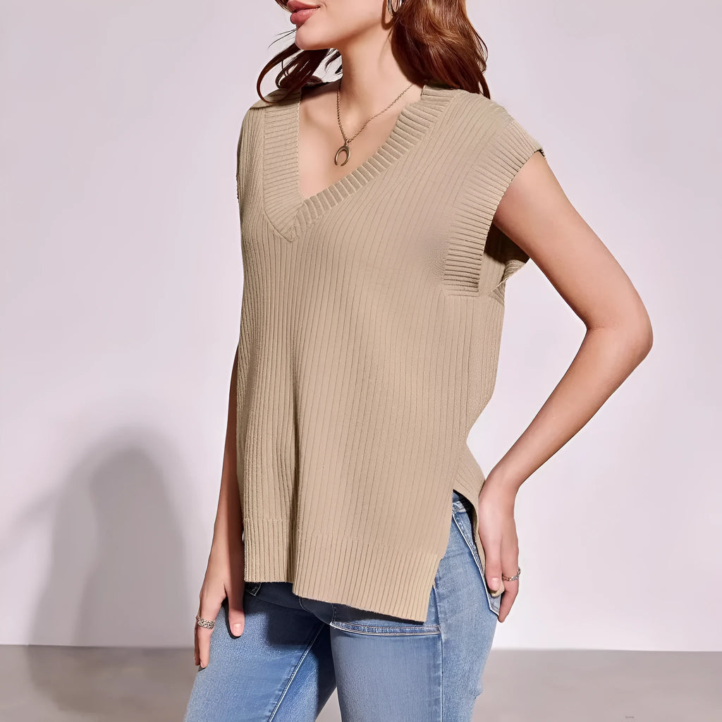 V-neck sleeveless pullover vest in camel or white viscose fibre with loose fit