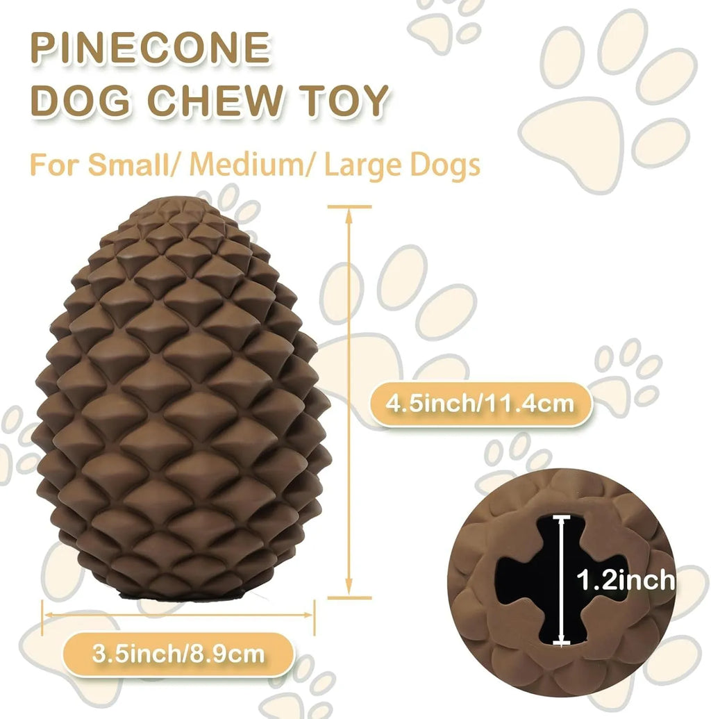 Yellow natural rubber pine cone shaped dog toy with treat dispenser hole