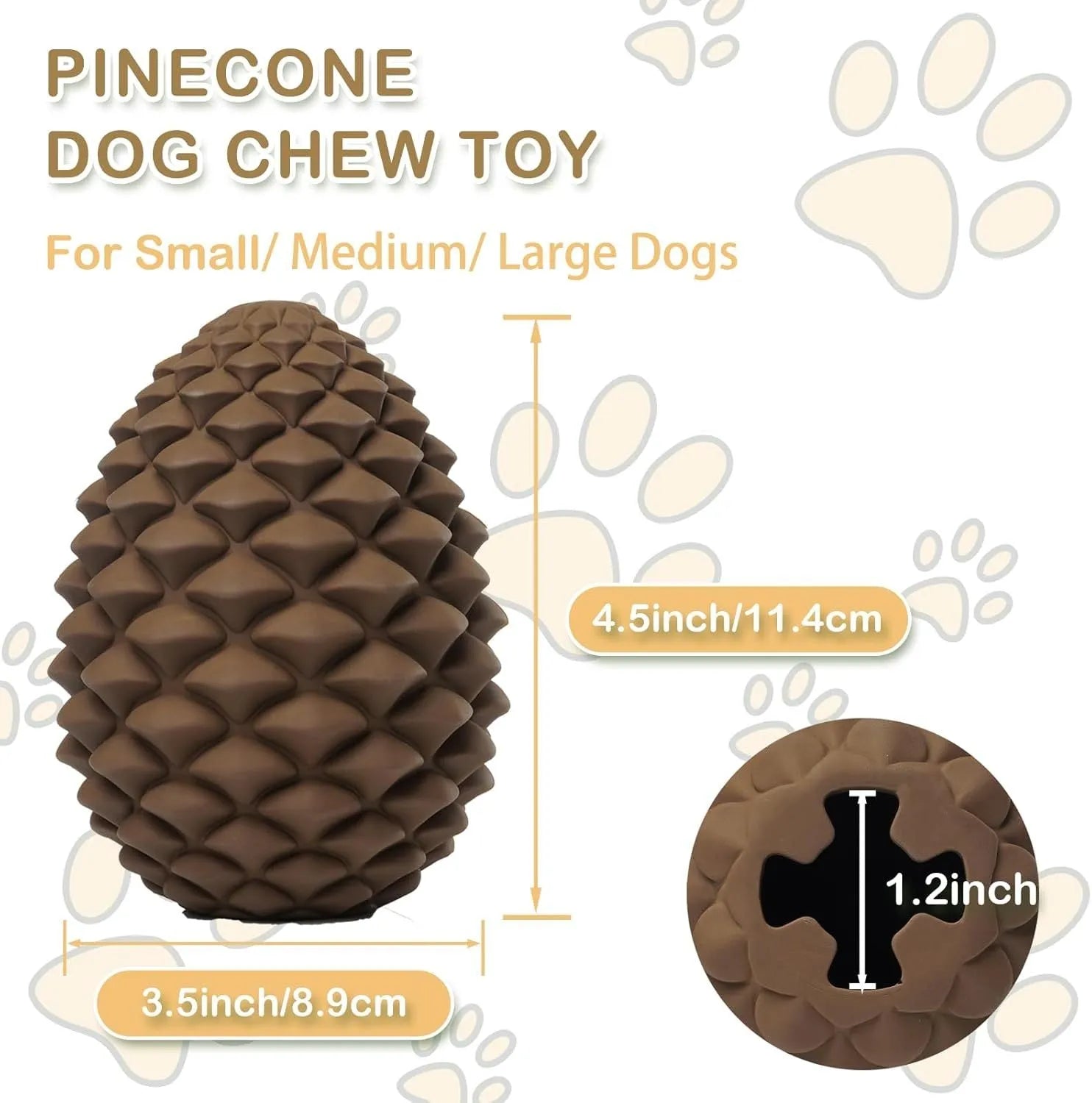 Yellow natural rubber pine cone shaped dog toy with treat dispenser hole
