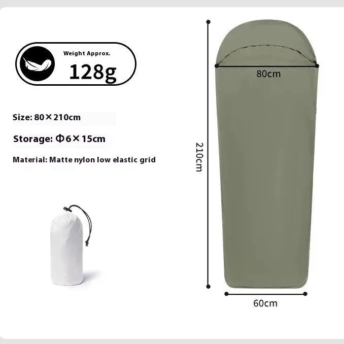 Blue mummy-type camping sleeping bag with nylon fabric shown packed and unpacked