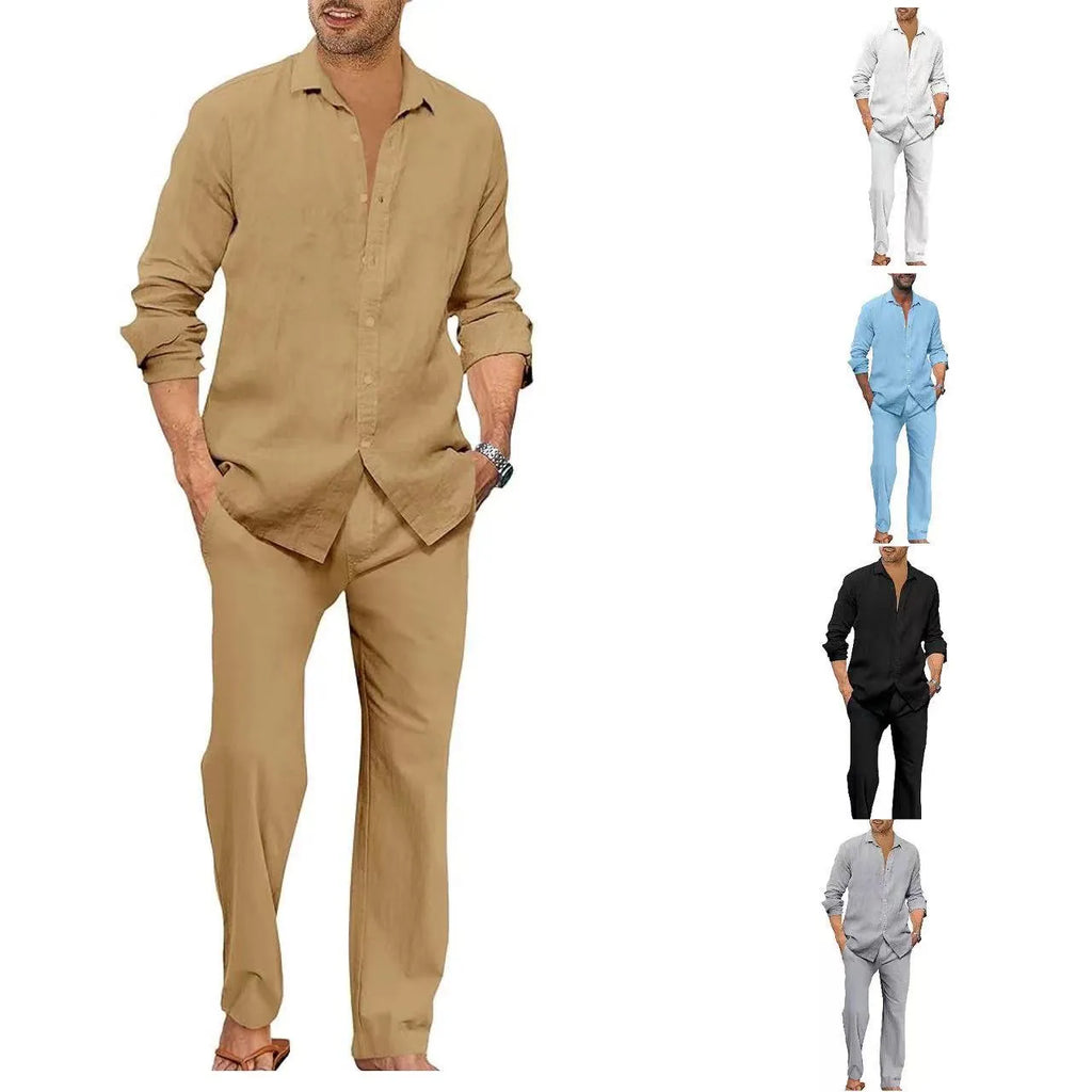 Men's cotton long sleeve casual set top and trousers in multiple colours including black white gray khaki sky blue