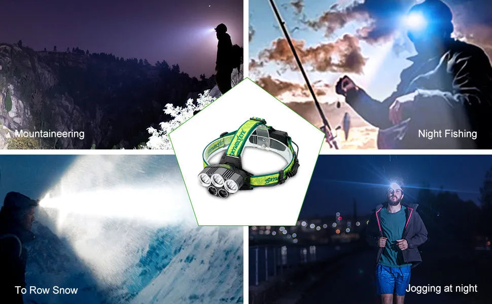 Yellow-green USB rechargeable outdoor headlamp with 5 LEDs on an adjustable head strap.