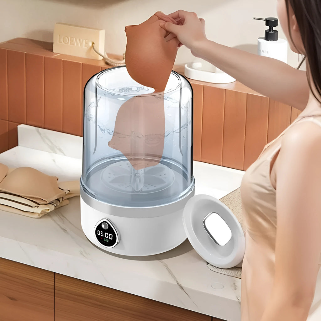 Portable white plastic USB-powered mini washing machine with compact dimensions