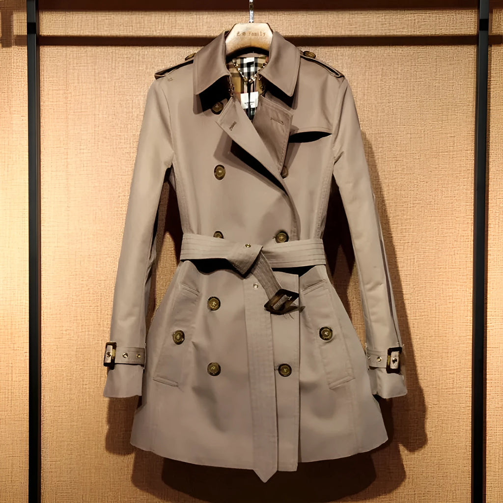 Women's khaki trench coat with double-breasted front and flight sleeves