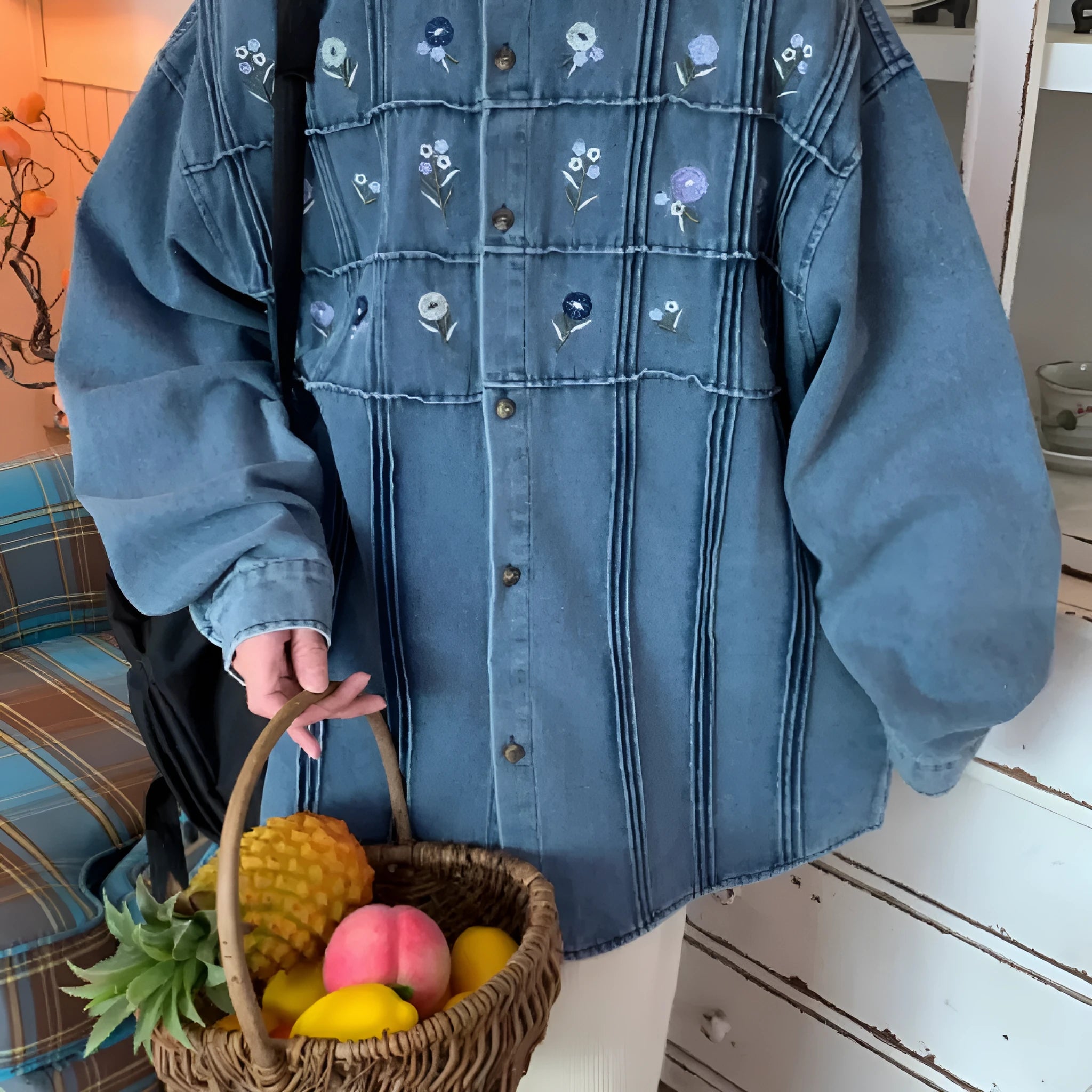 Vintage small floral pleated washed denim long sleeved shirt in washed blue colour with classic collar