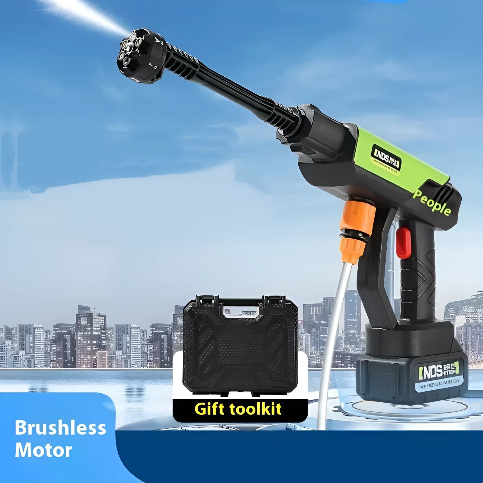 Green handheld wireless high-pressure water gun with six-in-one metal nozzle and lithium battery.