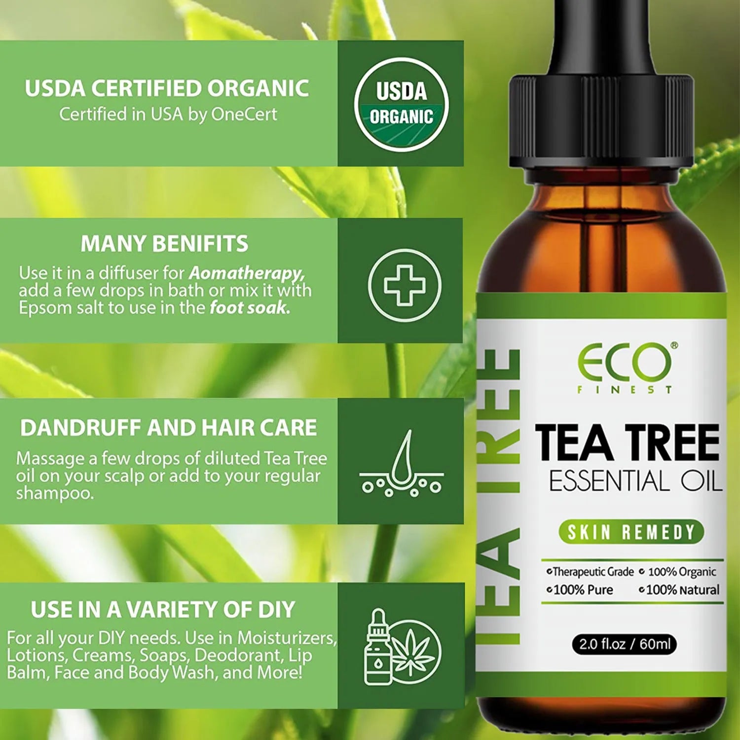 A 60ml glass bottle of pure tea tree essential oil for massage and skincare.