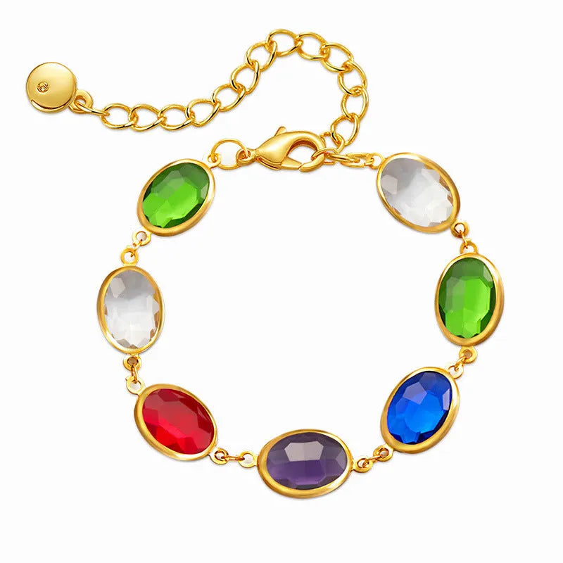 Women's geometric bracelet with elliptical glass inlays on 18K gold-copper framework