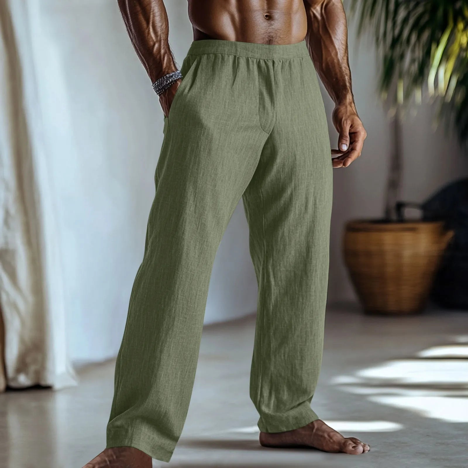 Straight leg cotton linen casual trousers in peacock blue colour with five-pocket design