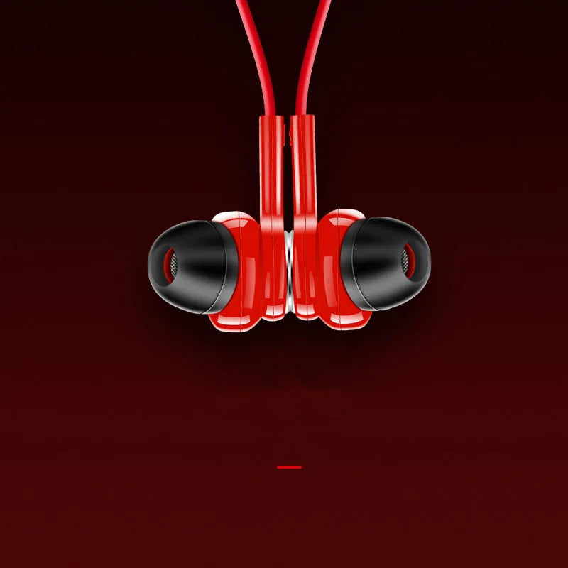 Sports neckband Bluetooth earphones in black, red, or white colours with secure neckband design