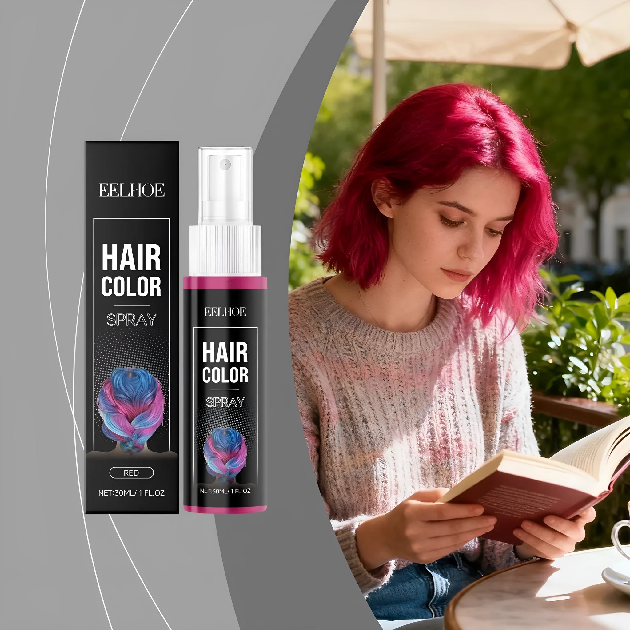 Red temporary hair spray in a 30ml can with water-based formula for party colour