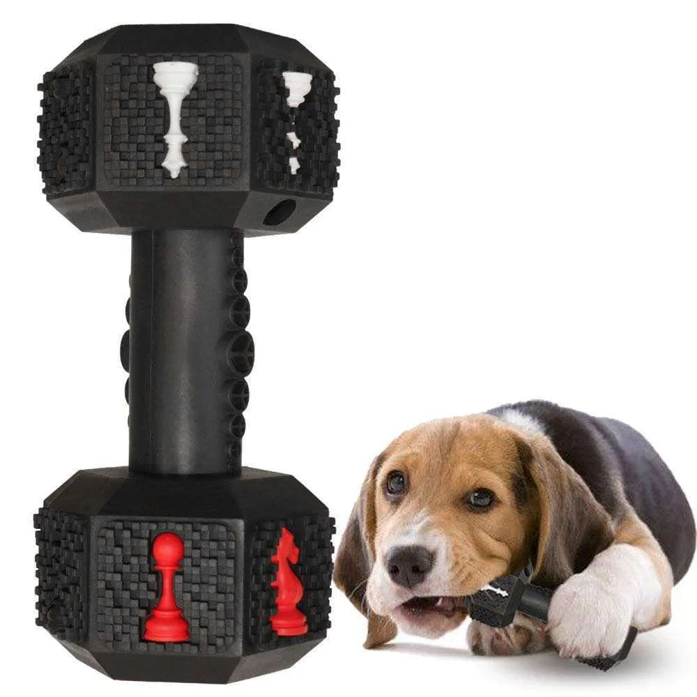 Black and blue rubber dumbbell dog chew toy with textured surface for aggressive chewers