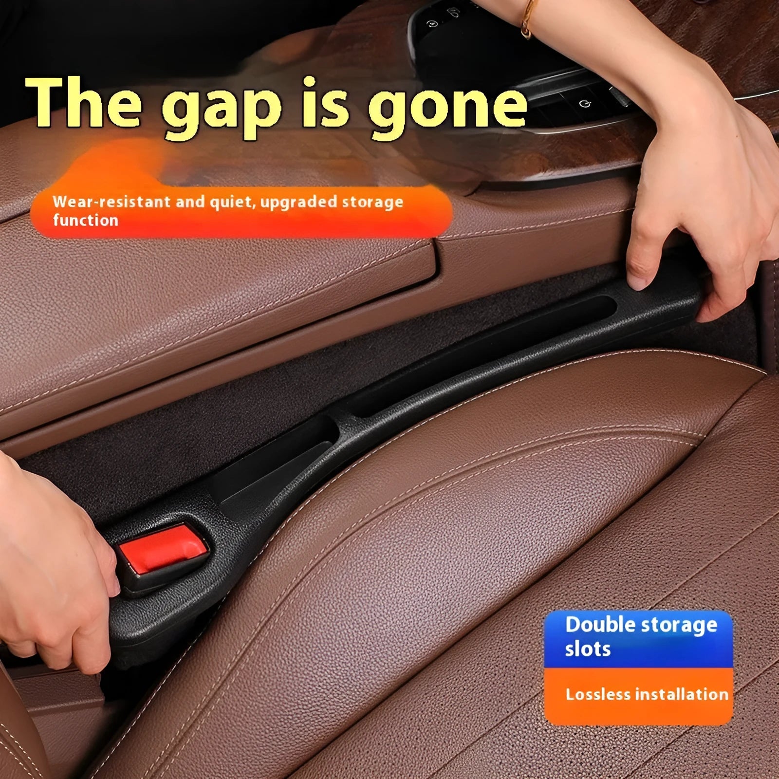 Leak-proof seat gap filler strip in black for car interior storage between seat and console