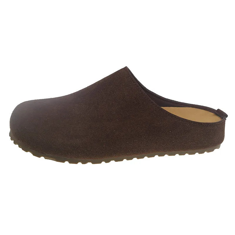 Korean style ugly soft broken slippers in apricot colour with square toe and flat PU sole