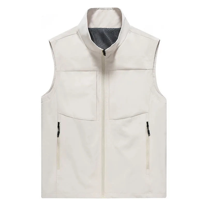 Men's casual outdoor cardigan vest with stand collar and zipper pockets in polyester fibre