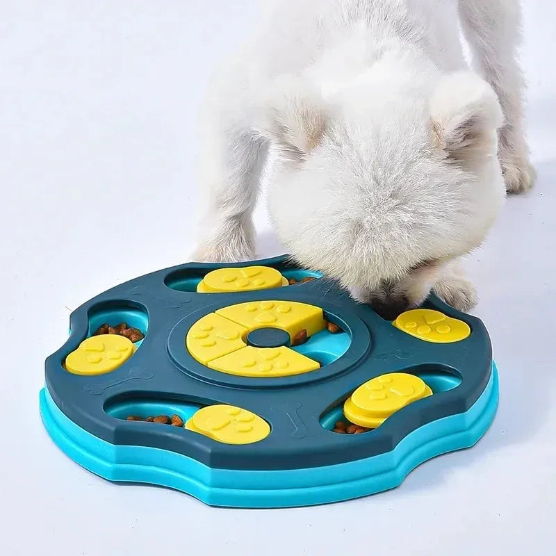 Blue dog puzzle feeder bowl with movable compartments for food-searching games and mental stimulation