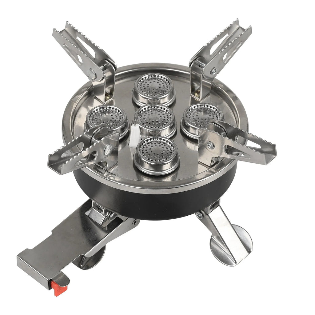 Silver foldable stainless steel portable camping split stove with a long gas hose