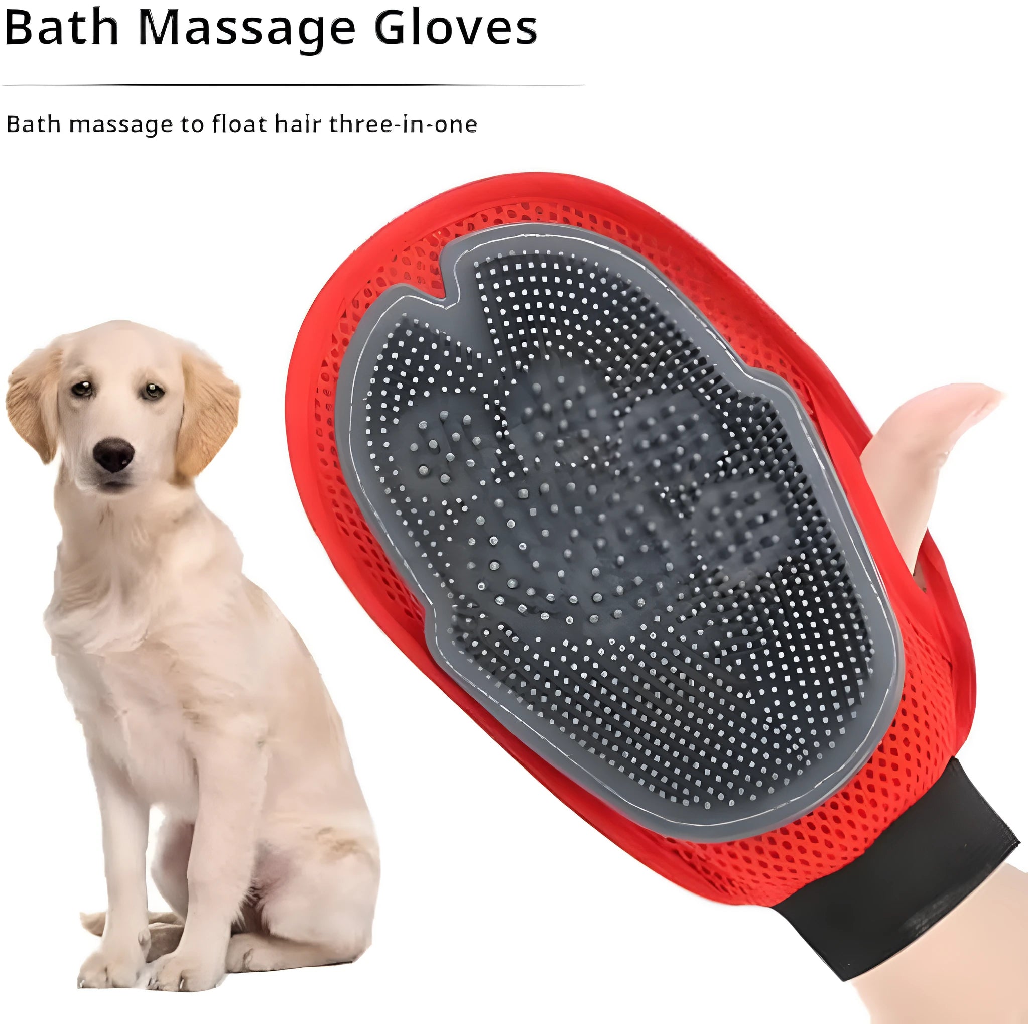 Red pet grooming glove combining a brush and mitt design for bathing dogs and cats.