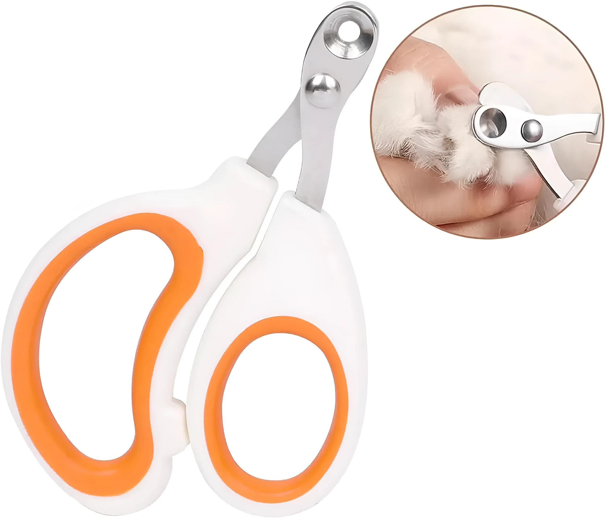 Cat nail clippers with circular hole design in blue, orange, and pink colours