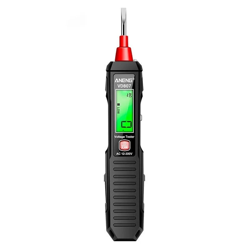 Black digital voltage measuring pen with LCD display showing voltage reading