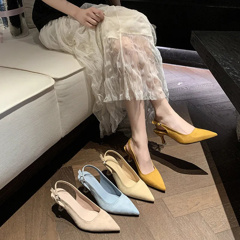 Women's apricot suede pointed-toe stiletto high heel shoe with a rubber sole