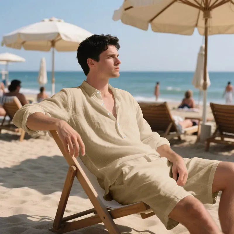 Men's linen long sleeve shirt and matching shorts set for beachwear in various colours.