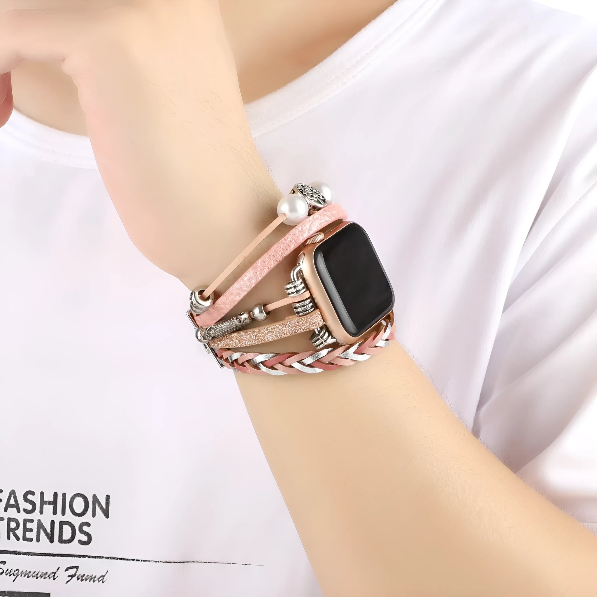Vintage metal leather beaded smart watch strap for Apple Watch 38-45mm in Silver