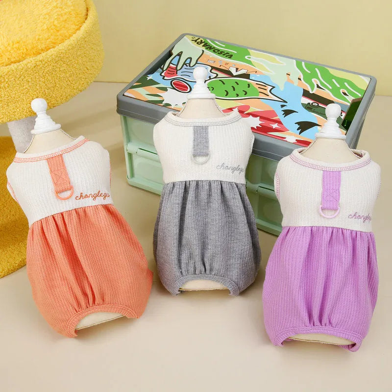 Polyester dog pyjamas in orange, gray, and purple sizes XS to XL casual pet sleepwear