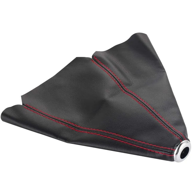 Black leather dirt-proof cover for a General Motors vehicle gear shift.