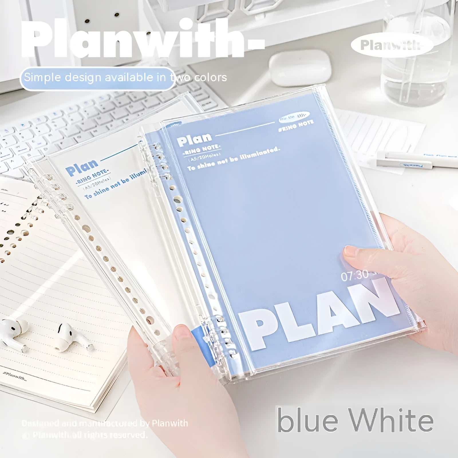 A5 PVC can store spiral notebook in blue or white with clear front showing loose pages