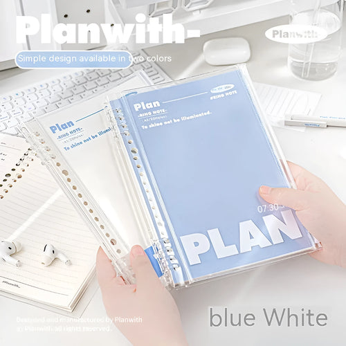 A5 PVC can store spiral notebook in blue or white with clear front showing loose pages