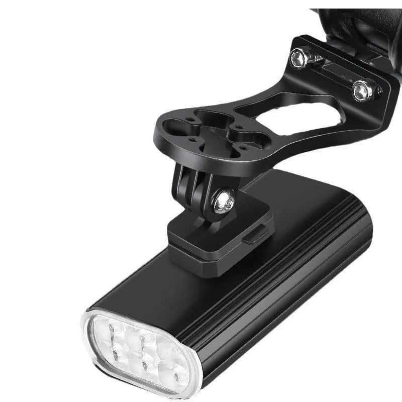 Aluminium alloy bicycle headlight with six XPT lamp beads showing quick-release mounting system