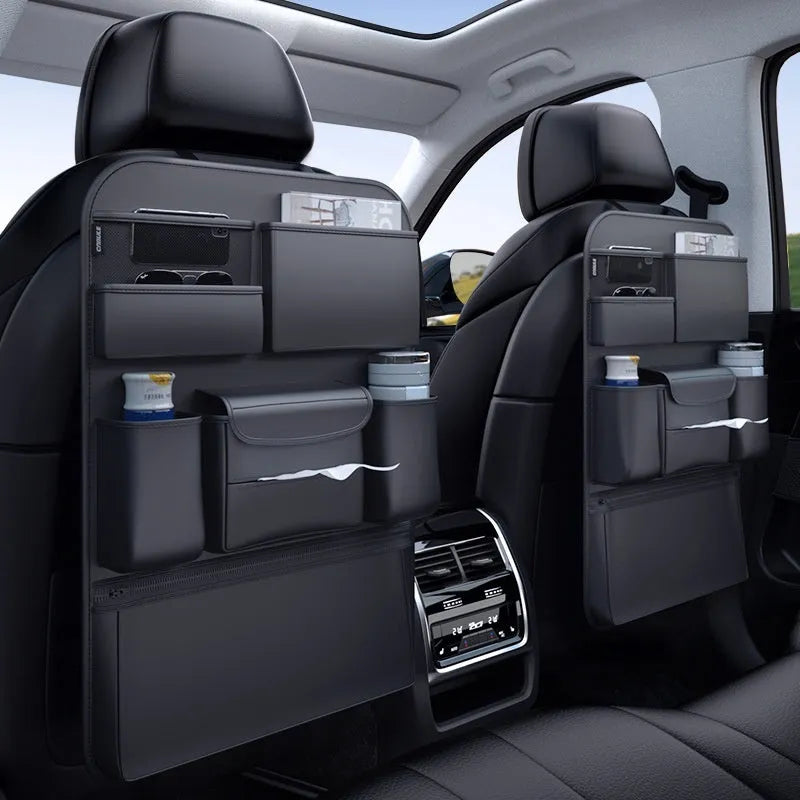 Black leather car seat back storage hanging bag with handle for baby buggy organisation