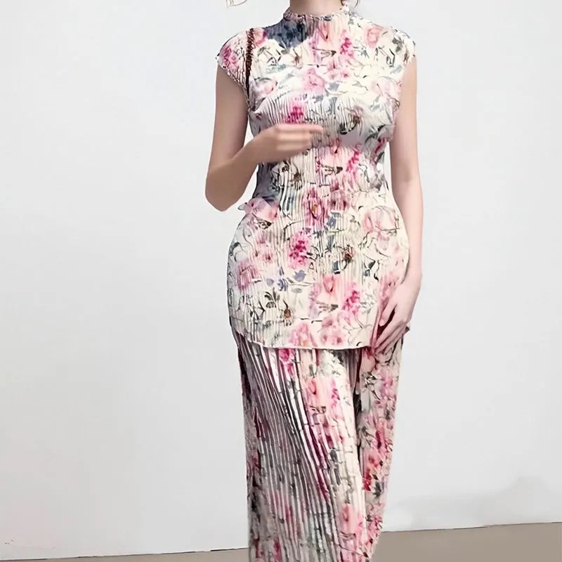 Women's long sleeve printed chiffon dress set with high-waist skirt and matching top