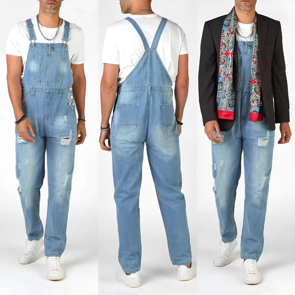 Light blue men's jeans with rips, high waist, built-in suspenders, and straight legs on a size chart.