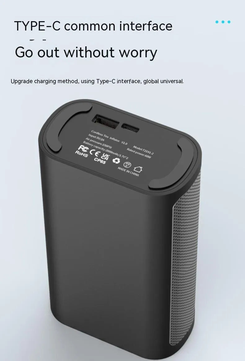 Wireless digital display car tyre inflator with multiple nozzle adaptors and LED light