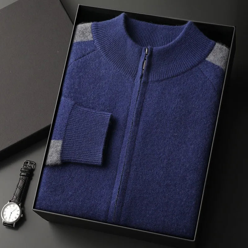 Men's cashmere wool blend knitted suit set with half turtleneck zipper cardigan and matching trousers for winter wear