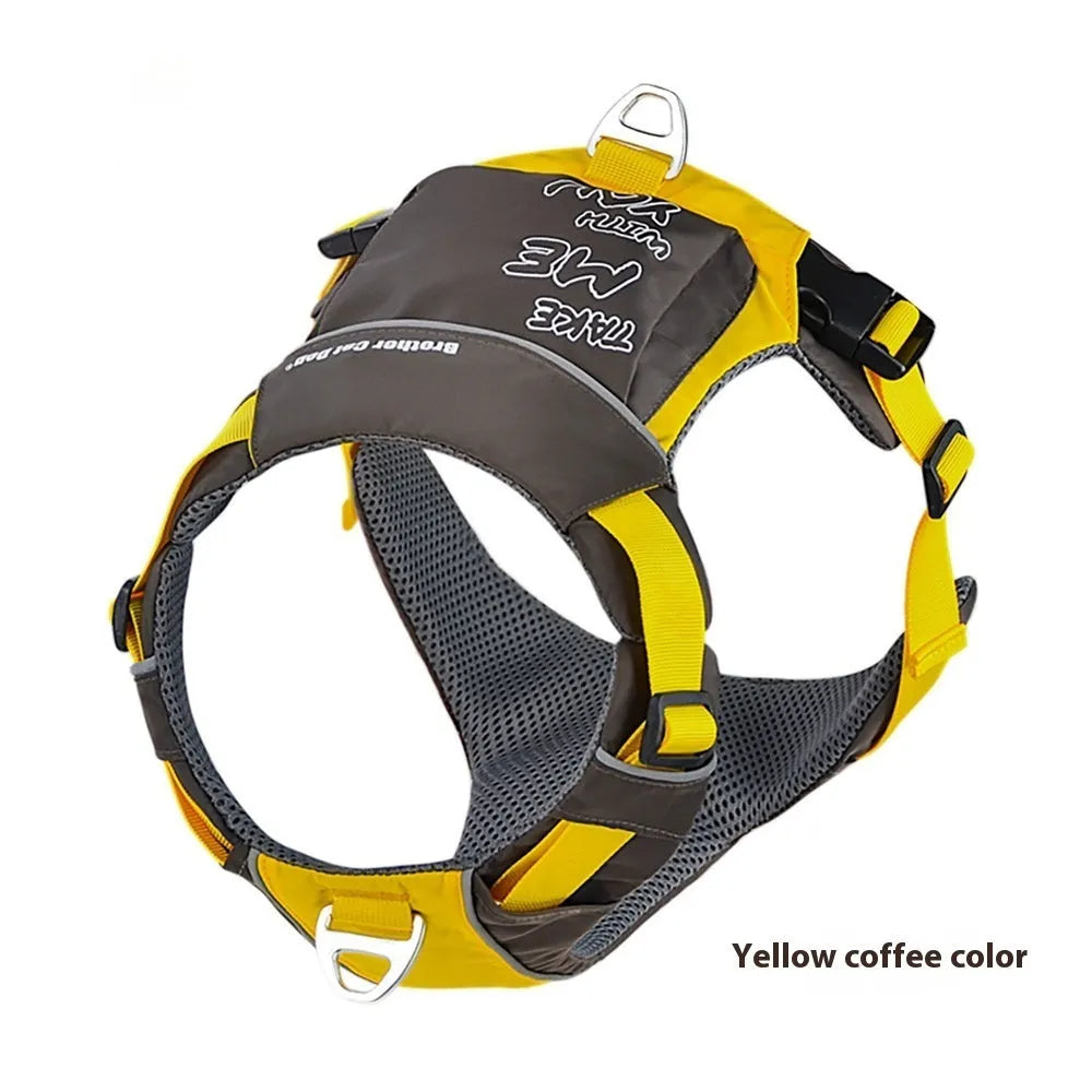Orange and blue nylon dog chest strap vest harness shown on a model.