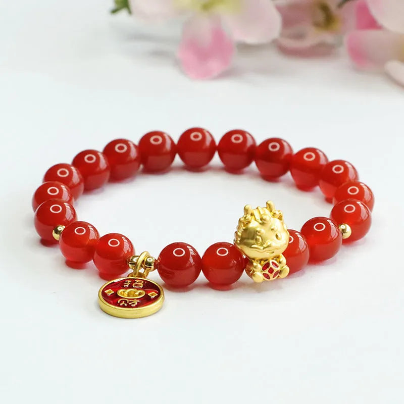 Red agate stone bead dragon zodiac bracelet with traditional Chinese design