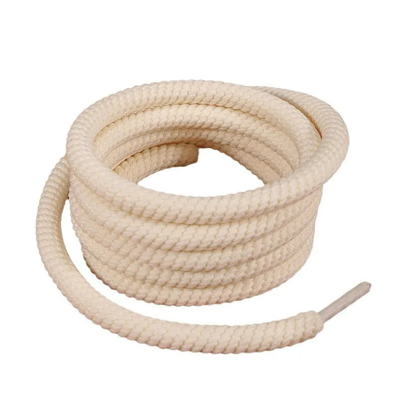 Round woven shoelaces in white, beige, and black colours showing different thickness and length options.
